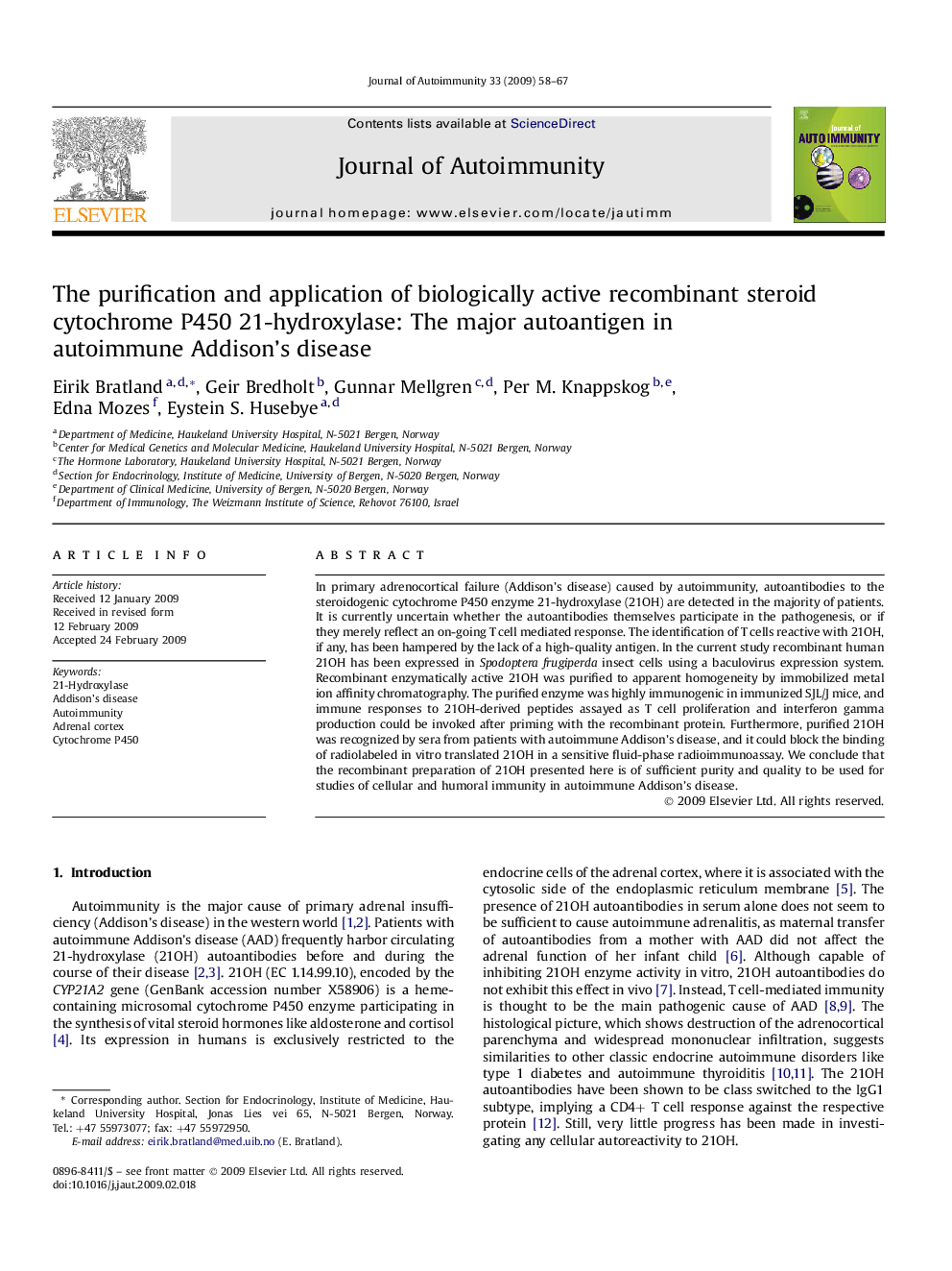 The purification and application of biologically active recombinant steroid cytochrome P450 21-hydroxylase: The major autoantigen in autoimmune Addison's disease