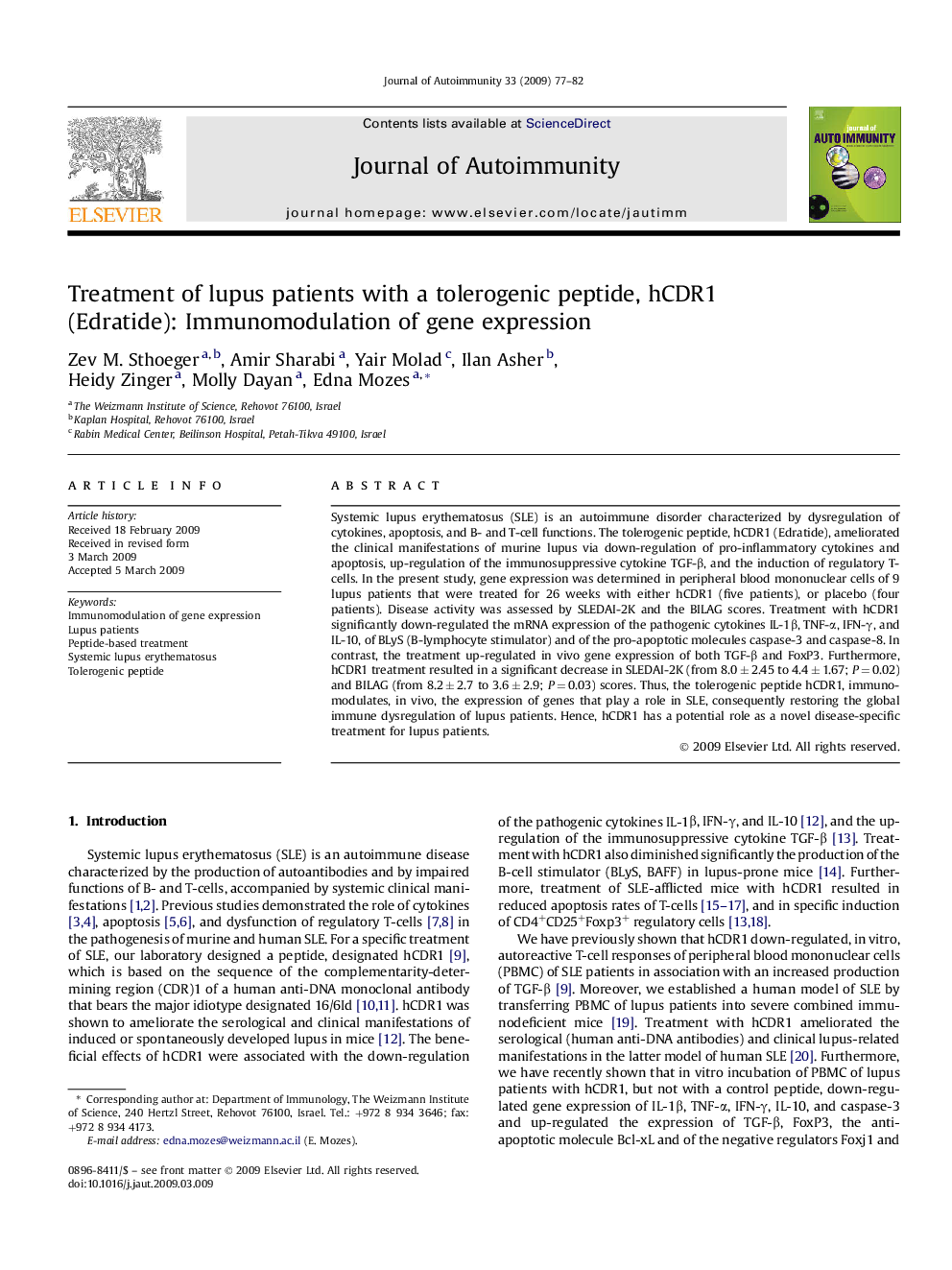 Treatment of lupus patients with a tolerogenic peptide, hCDR1 (Edratide): Immunomodulation of gene expression