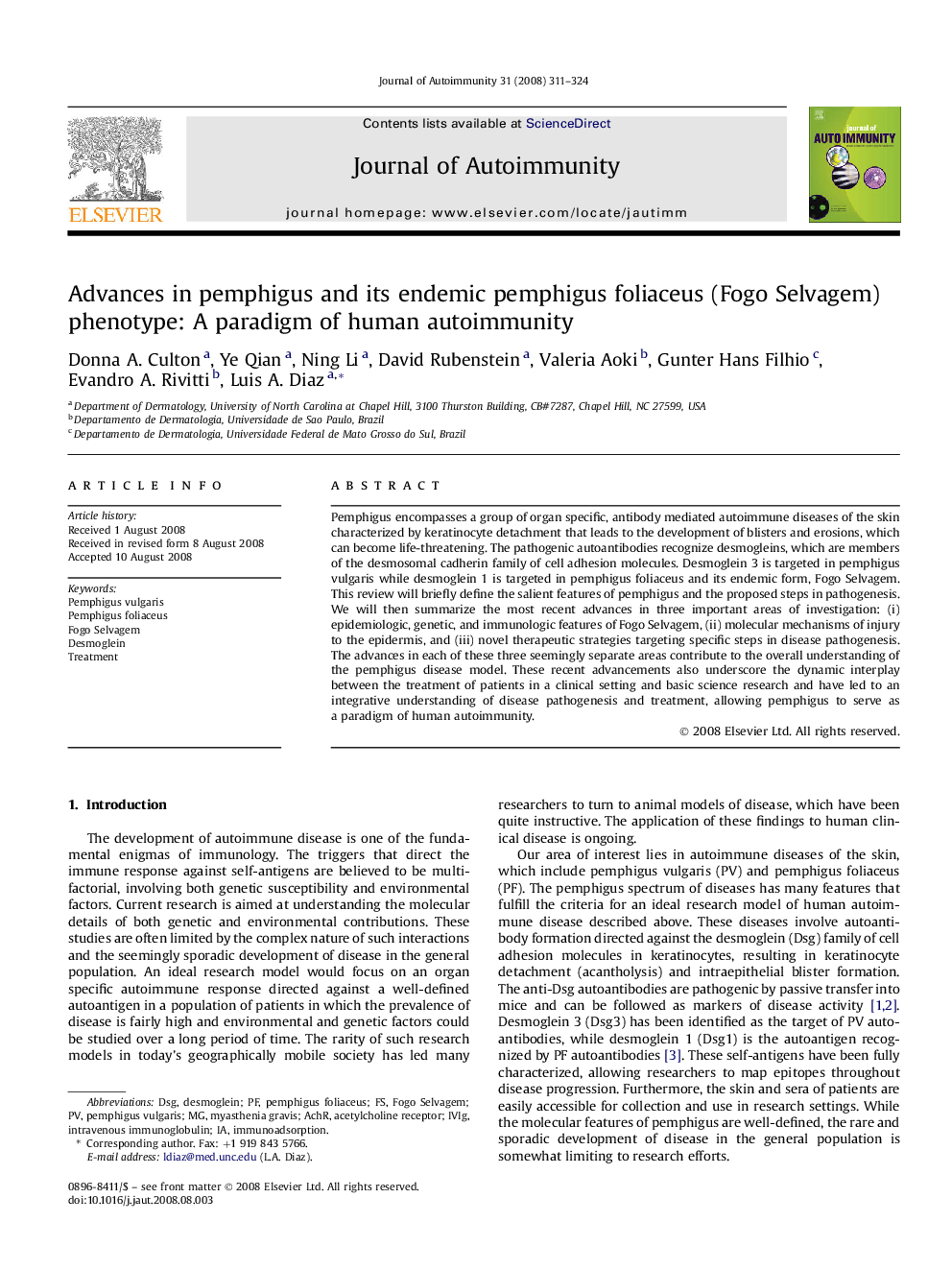 Advances in pemphigus and its endemic pemphigus foliaceus (Fogo Selvagem) phenotype: A paradigm of human autoimmunity