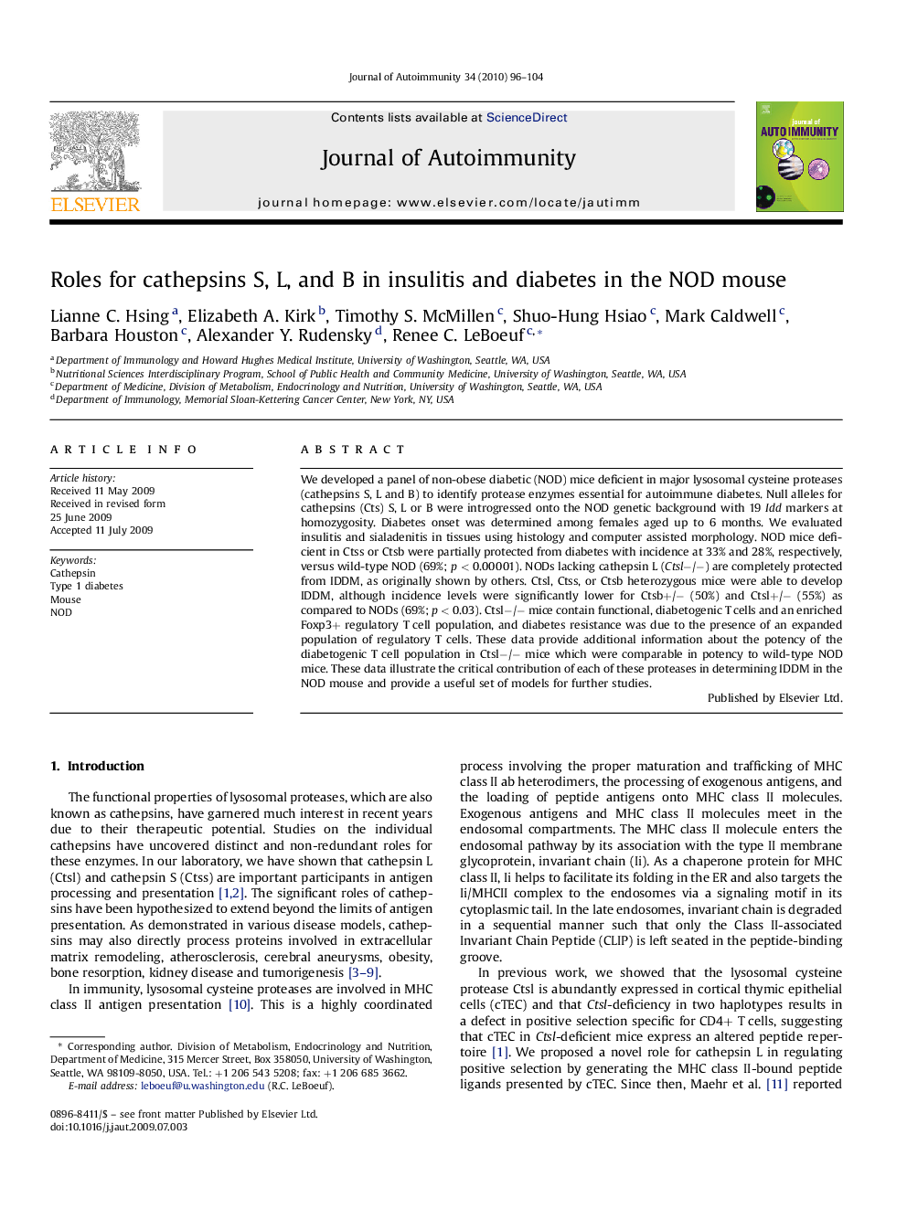 Roles for cathepsins S, L, and B in insulitis and diabetes in the NOD mouse