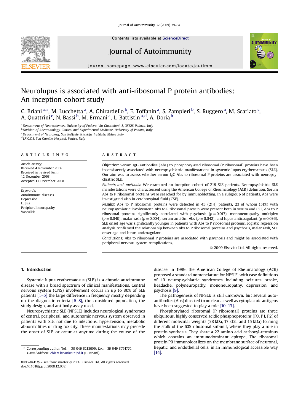 Neurolupus is associated with anti-ribosomal P protein antibodies: An inception cohort study