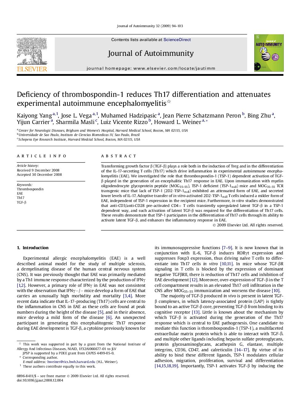 Deficiency of thrombospondin-1 reduces Th17 differentiation and attenuates experimental autoimmune encephalomyelitis 