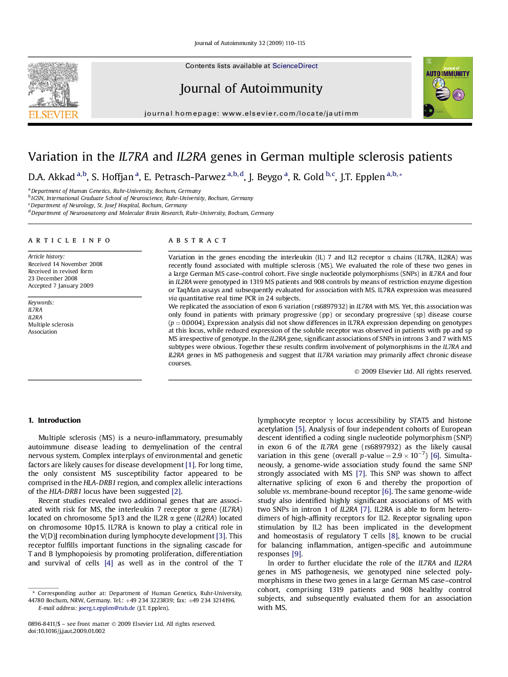 Variation in the IL7RA and IL2RA genes in German multiple sclerosis patients