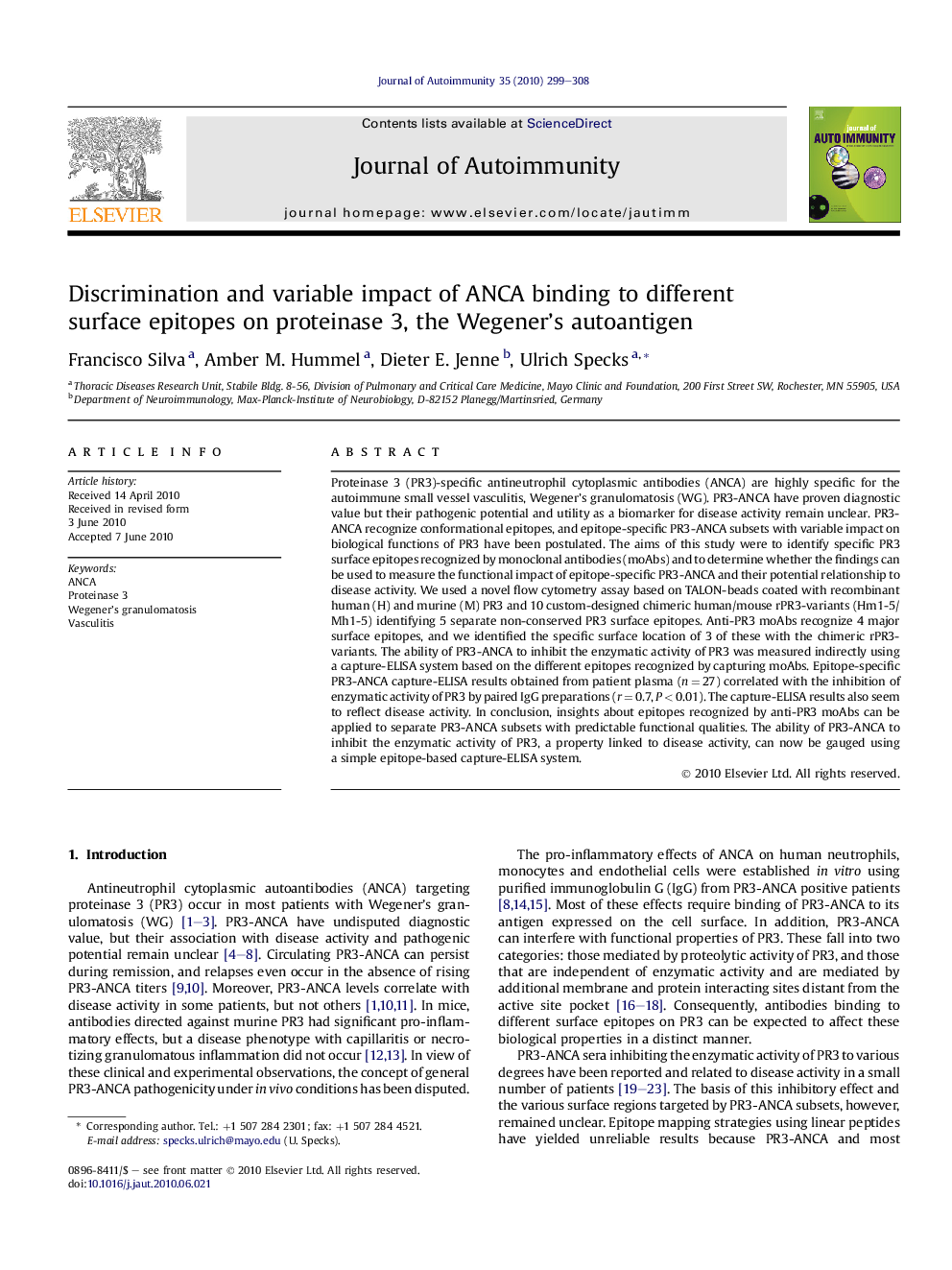 Discrimination and variable impact of ANCA binding to different surface epitopes on proteinase 3, the Wegener's autoantigen