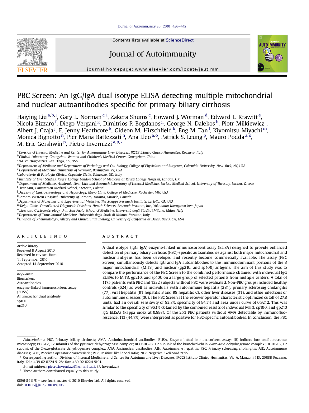 PBC Screen: An IgG/IgA dual isotype ELISA detecting multiple mitochondrial and nuclear autoantibodies specific for primary biliary cirrhosis