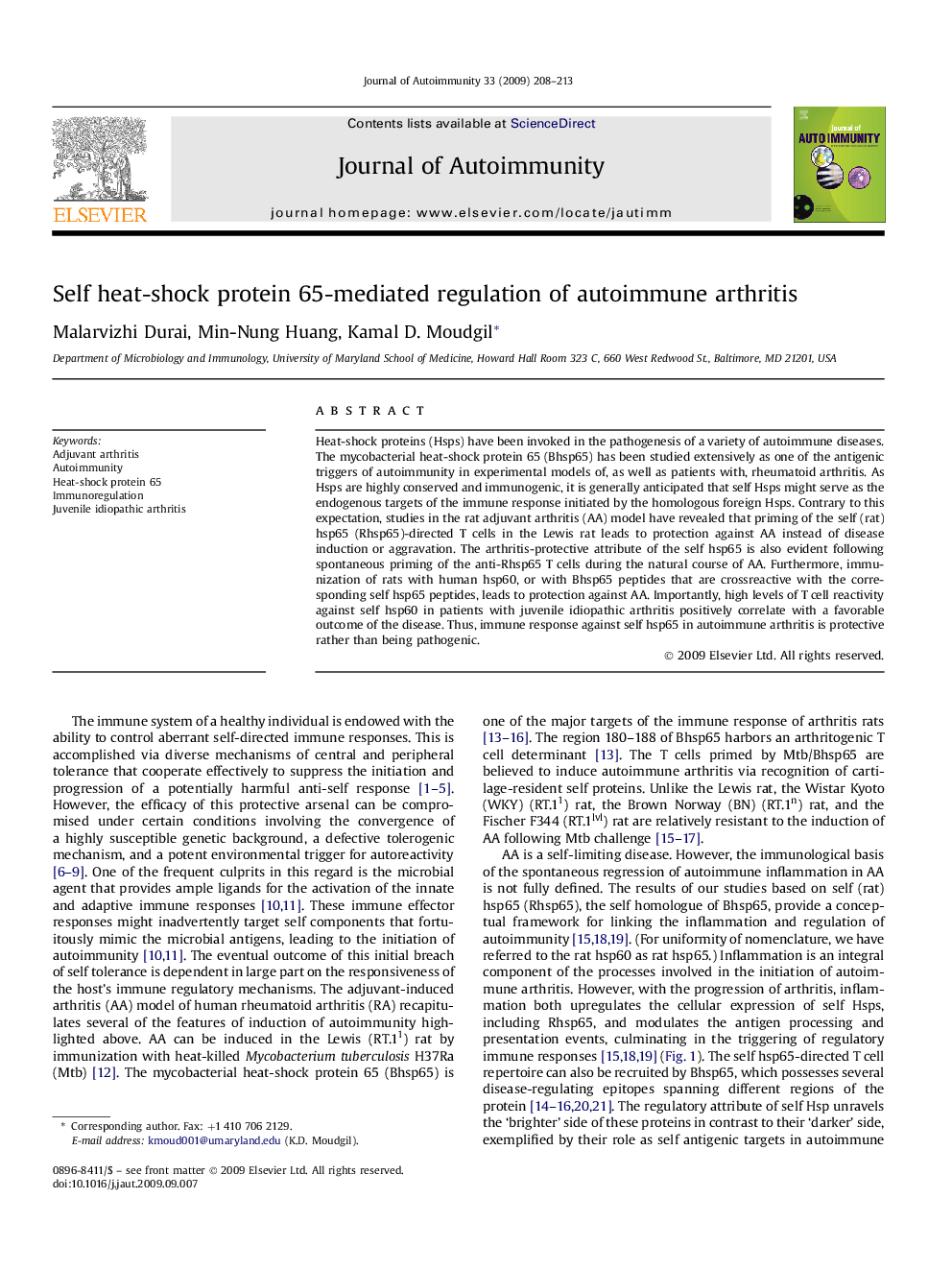 Self heat-shock protein 65-mediated regulation of autoimmune arthritis