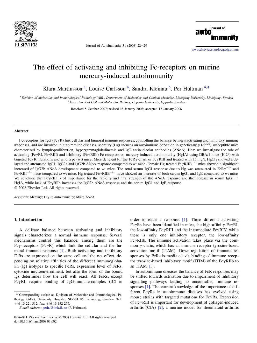 The effect of activating and inhibiting Fc-receptors on murine mercury-induced autoimmunity