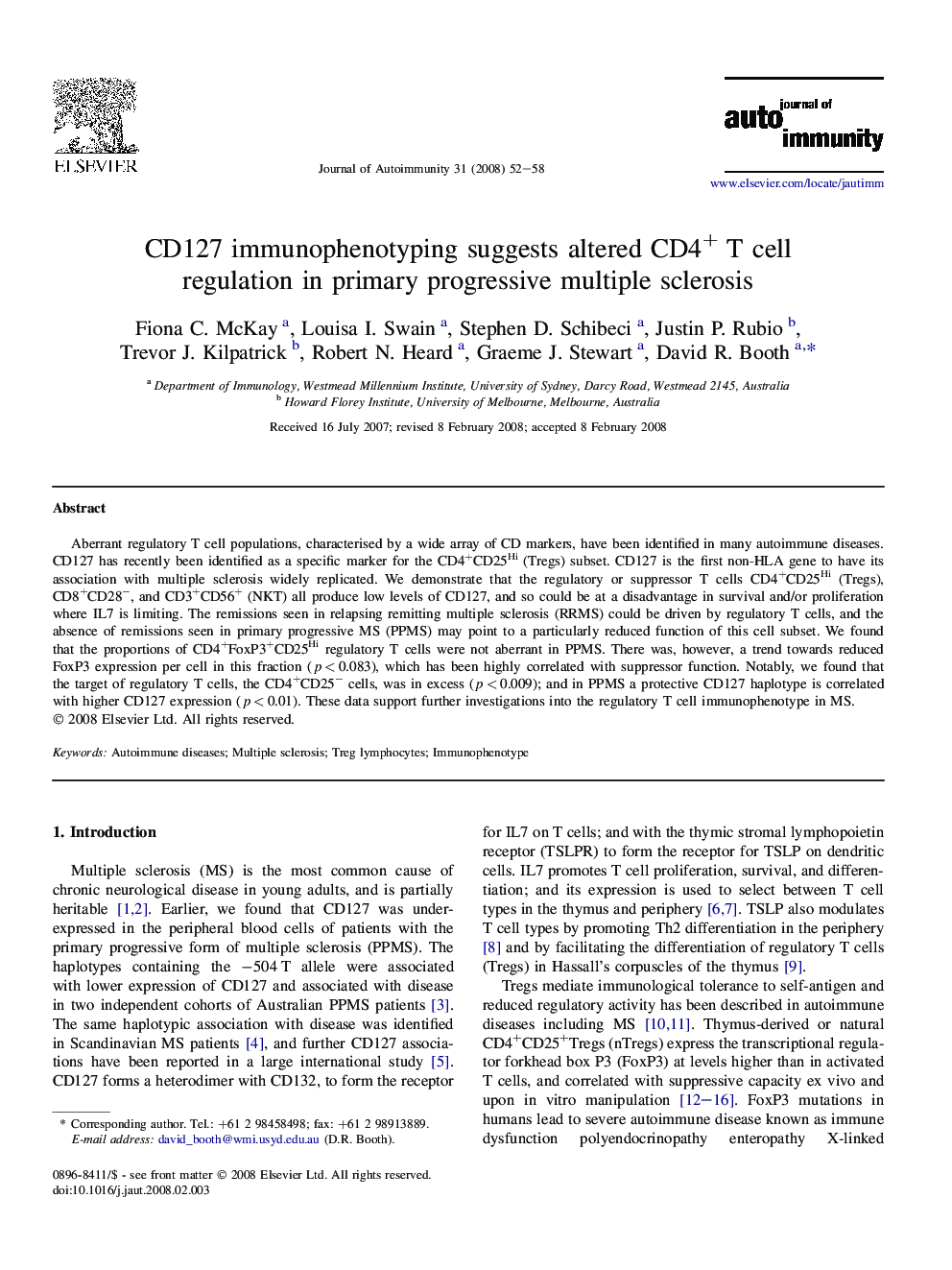 CD127 immunophenotyping suggests altered CD4+ T cell regulation in primary progressive multiple sclerosis