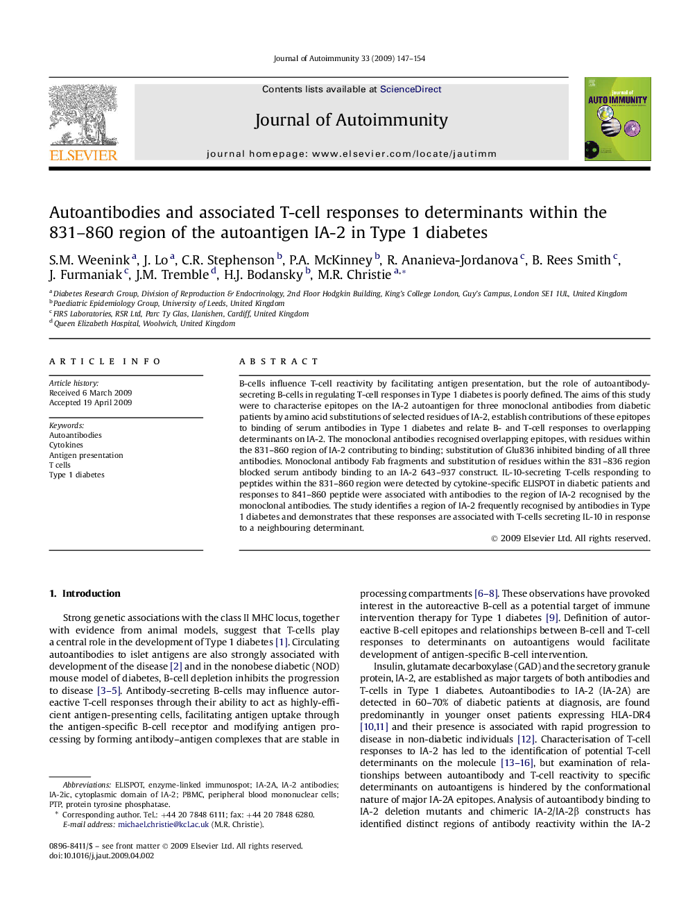 Autoantibodies and associated T-cell responses to determinants within the 831–860 region of the autoantigen IA-2 in Type 1 diabetes