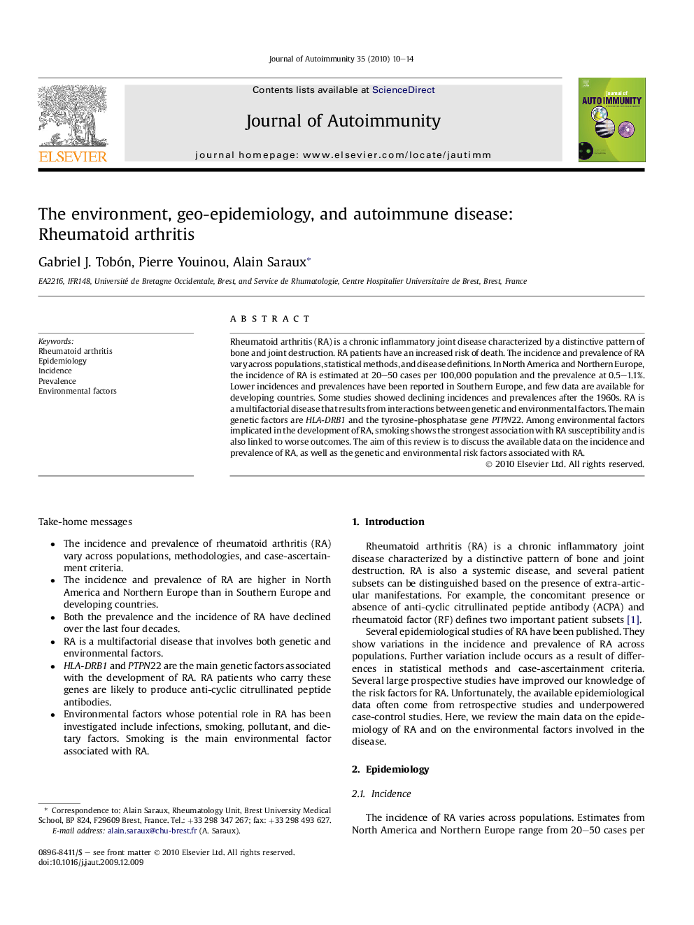 The environment, geo-epidemiology, and autoimmune disease: Rheumatoid arthritis