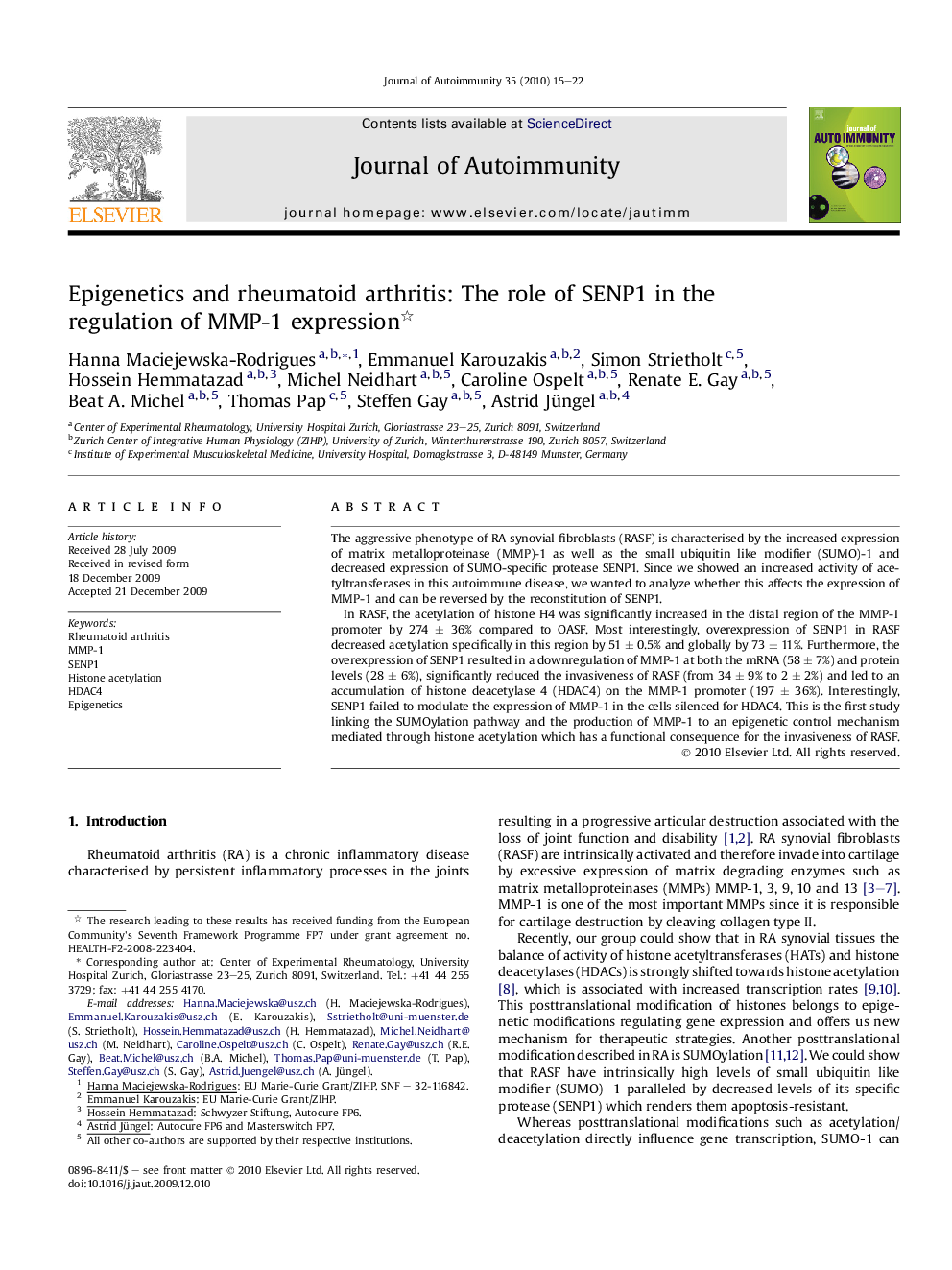 Epigenetics and rheumatoid arthritis: The role of SENP1 in the regulation of MMP-1 expression 