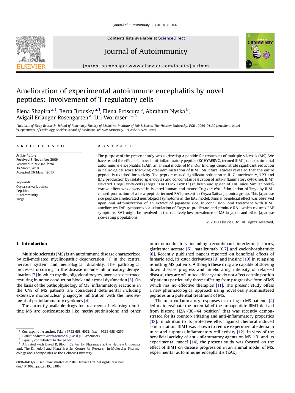 Amelioration of experimental autoimmune encephalitis by novel peptides: Involvement of T regulatory cells