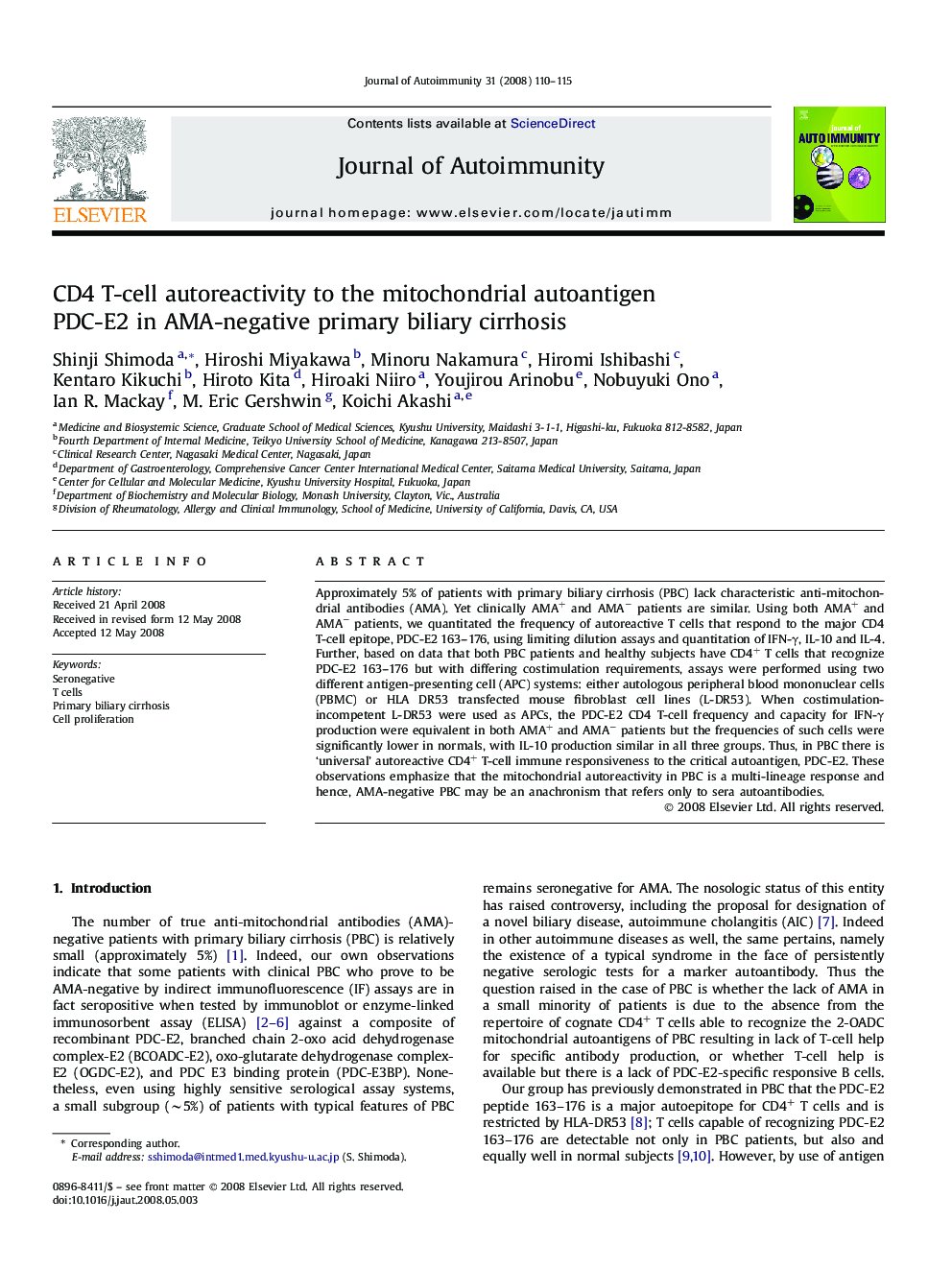 CD4 T-cell autoreactivity to the mitochondrial autoantigen PDC-E2 in AMA-negative primary biliary cirrhosis