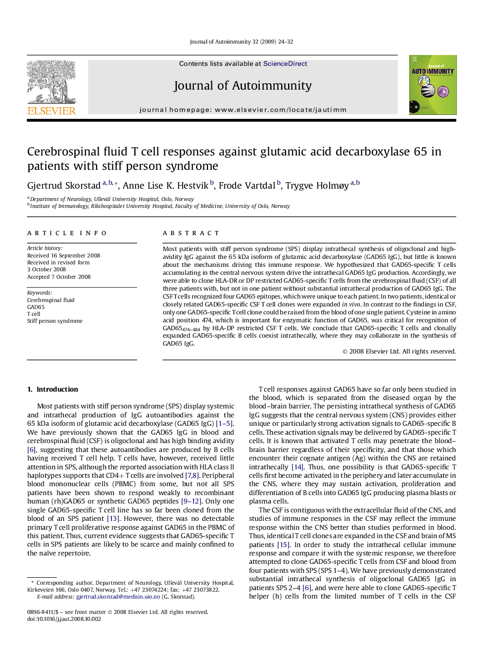 Cerebrospinal fluid T cell responses against glutamic acid decarboxylase 65 in patients with stiff person syndrome