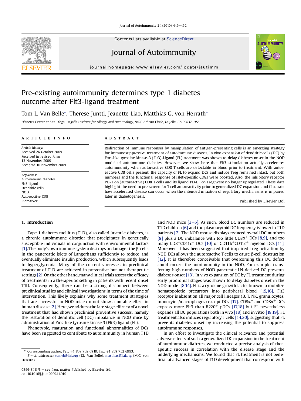 Pre-existing autoimmunity determines type 1 diabetes outcome after Flt3-ligand treatment