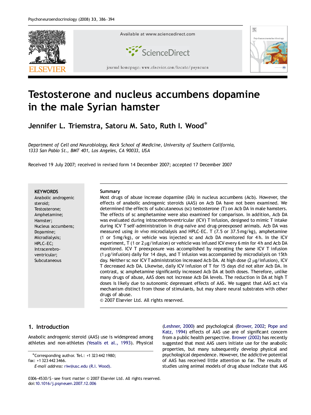 Testosterone and nucleus accumbens dopamine in the male Syrian hamster