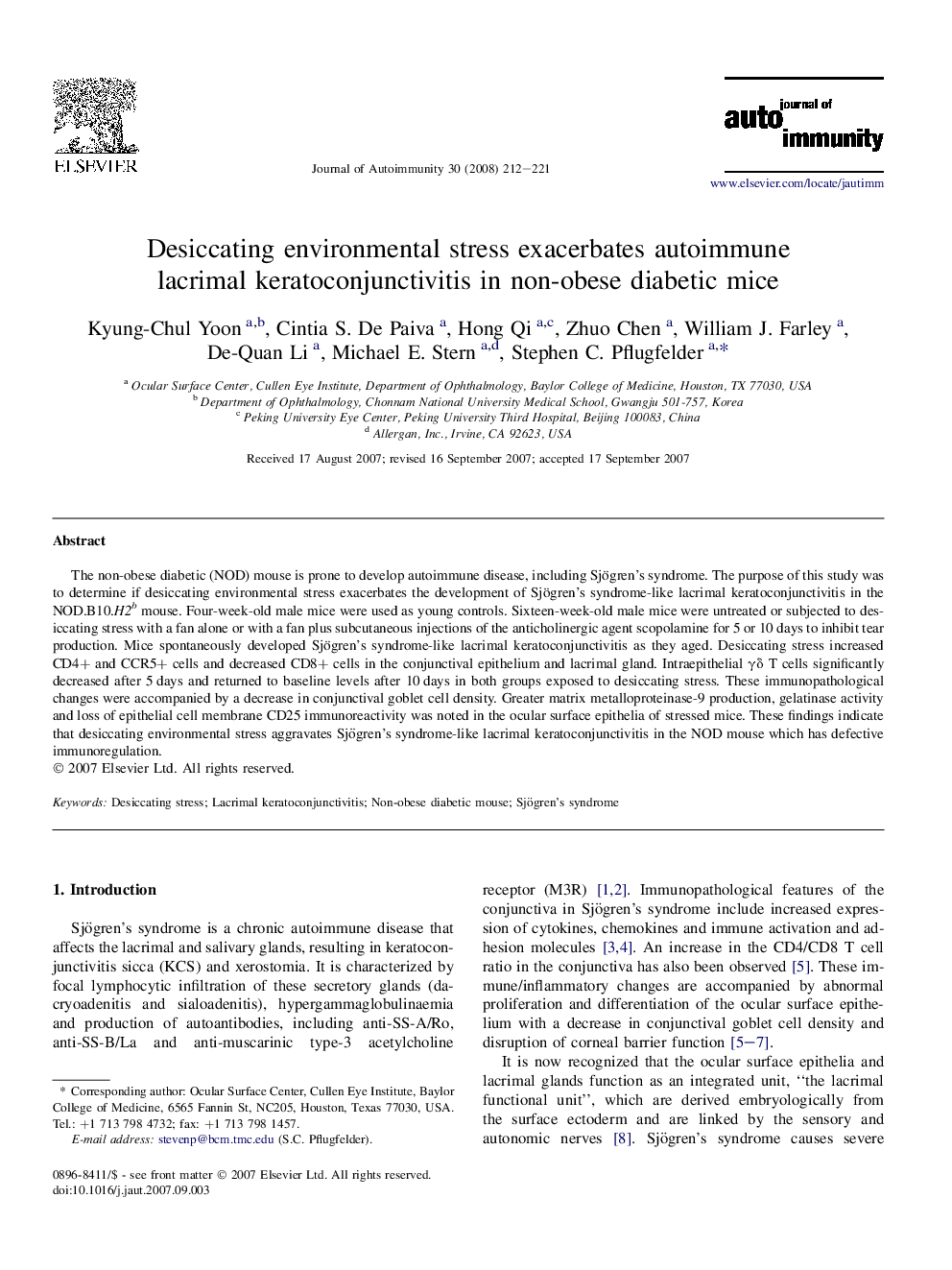 Desiccating environmental stress exacerbates autoimmune lacrimal keratoconjunctivitis in non-obese diabetic mice