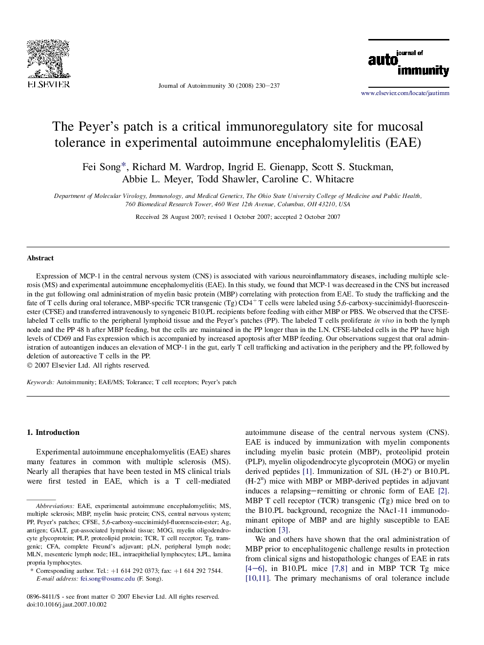 The Peyer's patch is a critical immunoregulatory site for mucosal tolerance in experimental autoimmune encephalomylelitis (EAE)