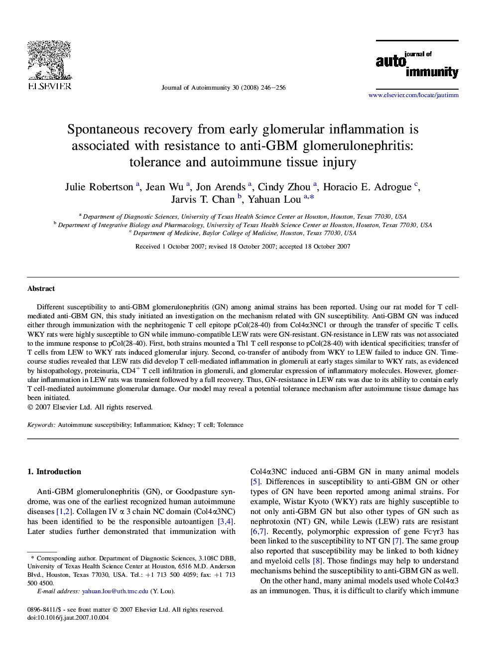 Spontaneous recovery from early glomerular inflammation is associated with resistance to anti-GBM glomerulonephritis: tolerance and autoimmune tissue injury