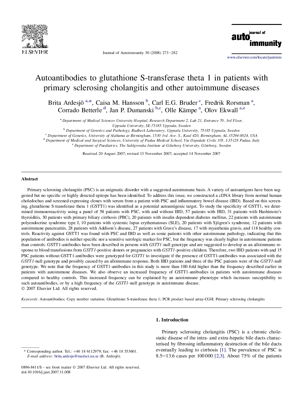 Autoantibodies to glutathione S-transferase theta 1 in patients with primary sclerosing cholangitis and other autoimmune diseases