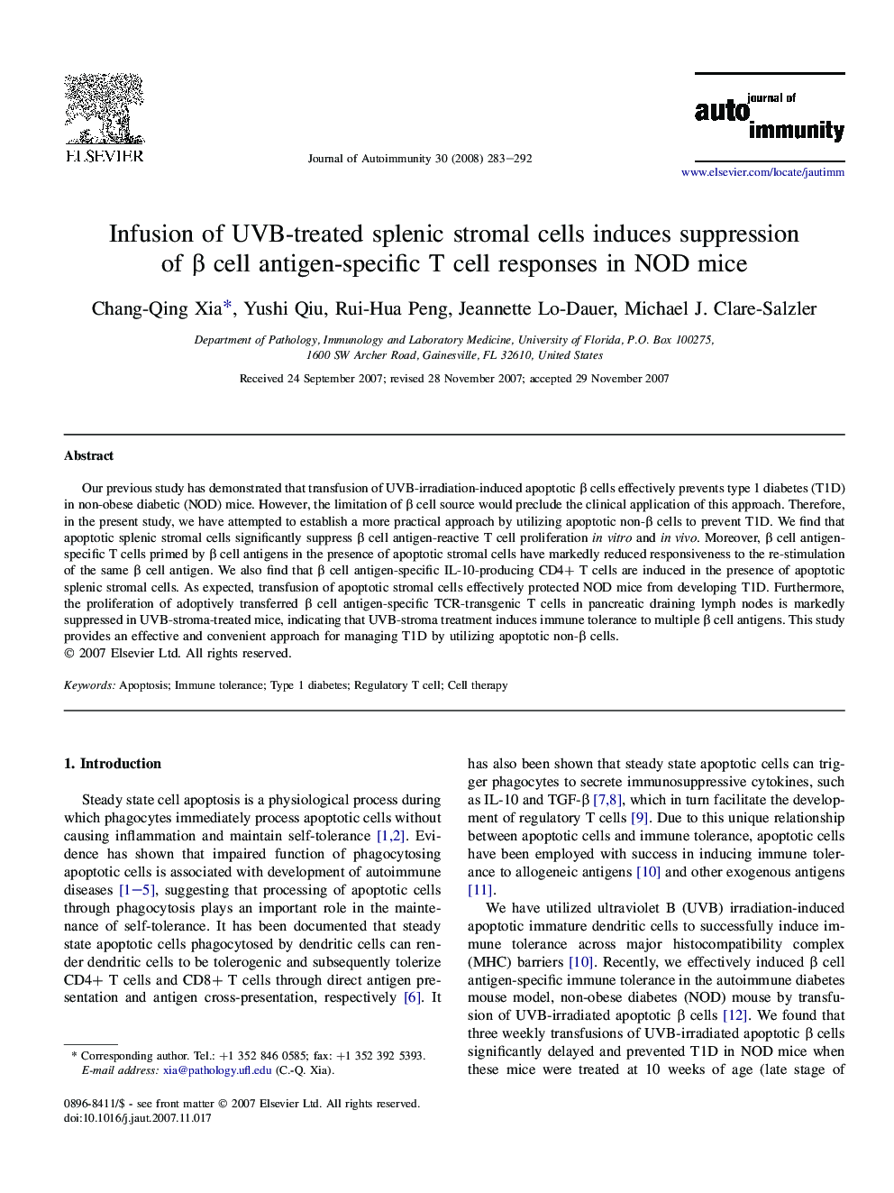 Infusion of UVB-treated splenic stromal cells induces suppression of β cell antigen-specific T cell responses in NOD mice