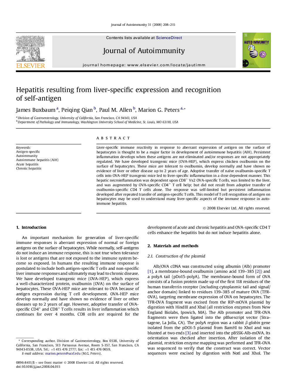 Hepatitis resulting from liver-specific expression and recognition of self-antigen