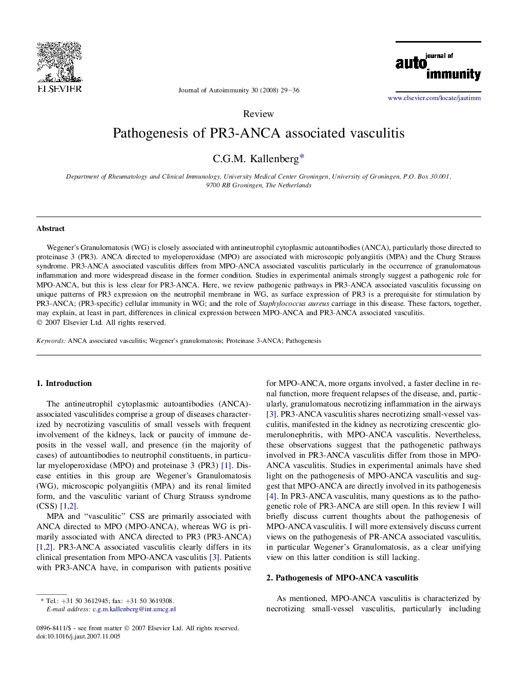 Pathogenesis of PR3-ANCA associated vasculitis