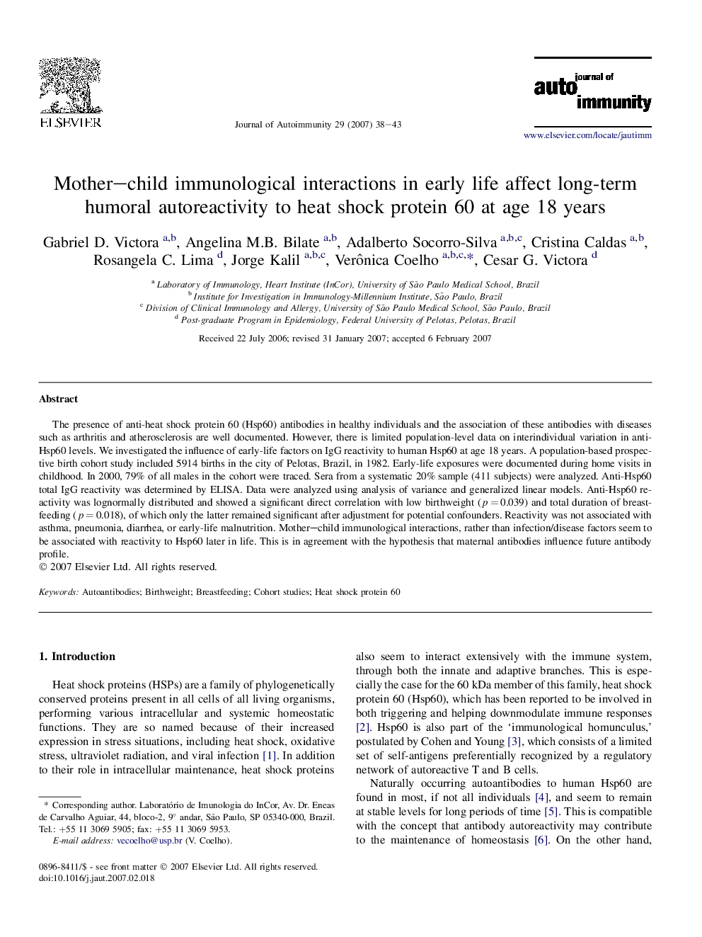 Mother-child immunological interactions in early life affect long-term humoral autoreactivity to heat shock protein 60 at age 18 years