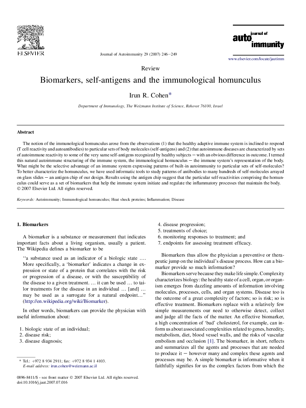 Biomarkers, self-antigens and the immunological homunculus