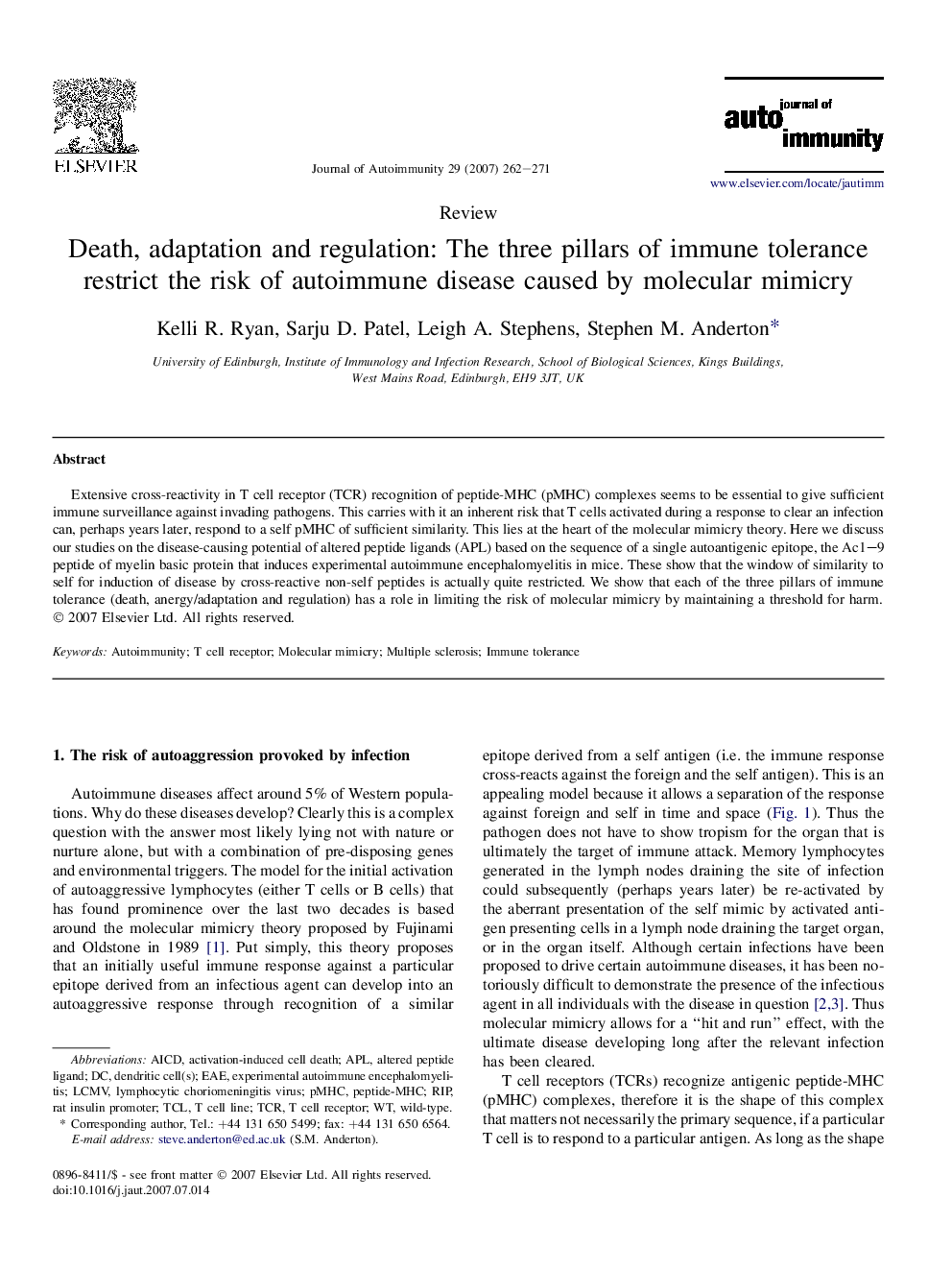 Death, adaptation and regulation: The three pillars of immune tolerance restrict the risk of autoimmune disease caused by molecular mimicry