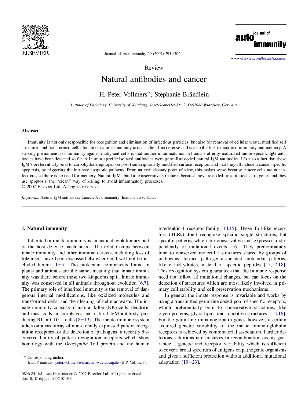 Natural antibodies and cancer