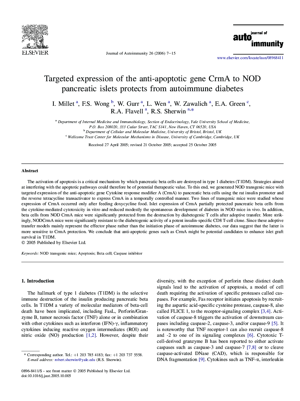 Targeted expression of the anti-apoptotic gene CrmA to NOD pancreatic islets protects from autoimmune diabetes