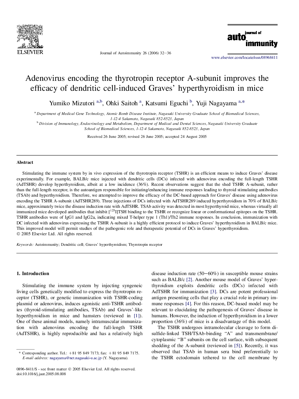 Adenovirus encoding the thyrotropin receptor A-subunit improves the efficacy of dendritic cell-induced Graves' hyperthyroidism in mice