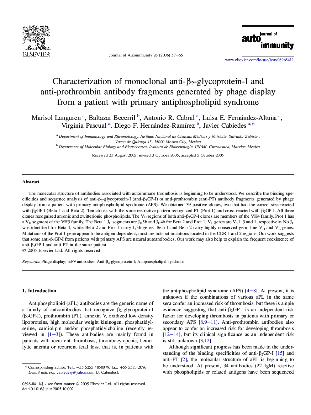 Characterization of monoclonal anti-β2-glycoprotein-I and anti-prothrombin antibody fragments generated by phage display from a patient with primary antiphospholipid syndrome