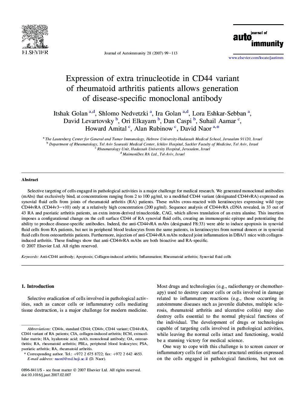 Expression of extra trinucleotide in CD44 variant of rheumatoid arthritis patients allows generation of disease-specific monoclonal antibody