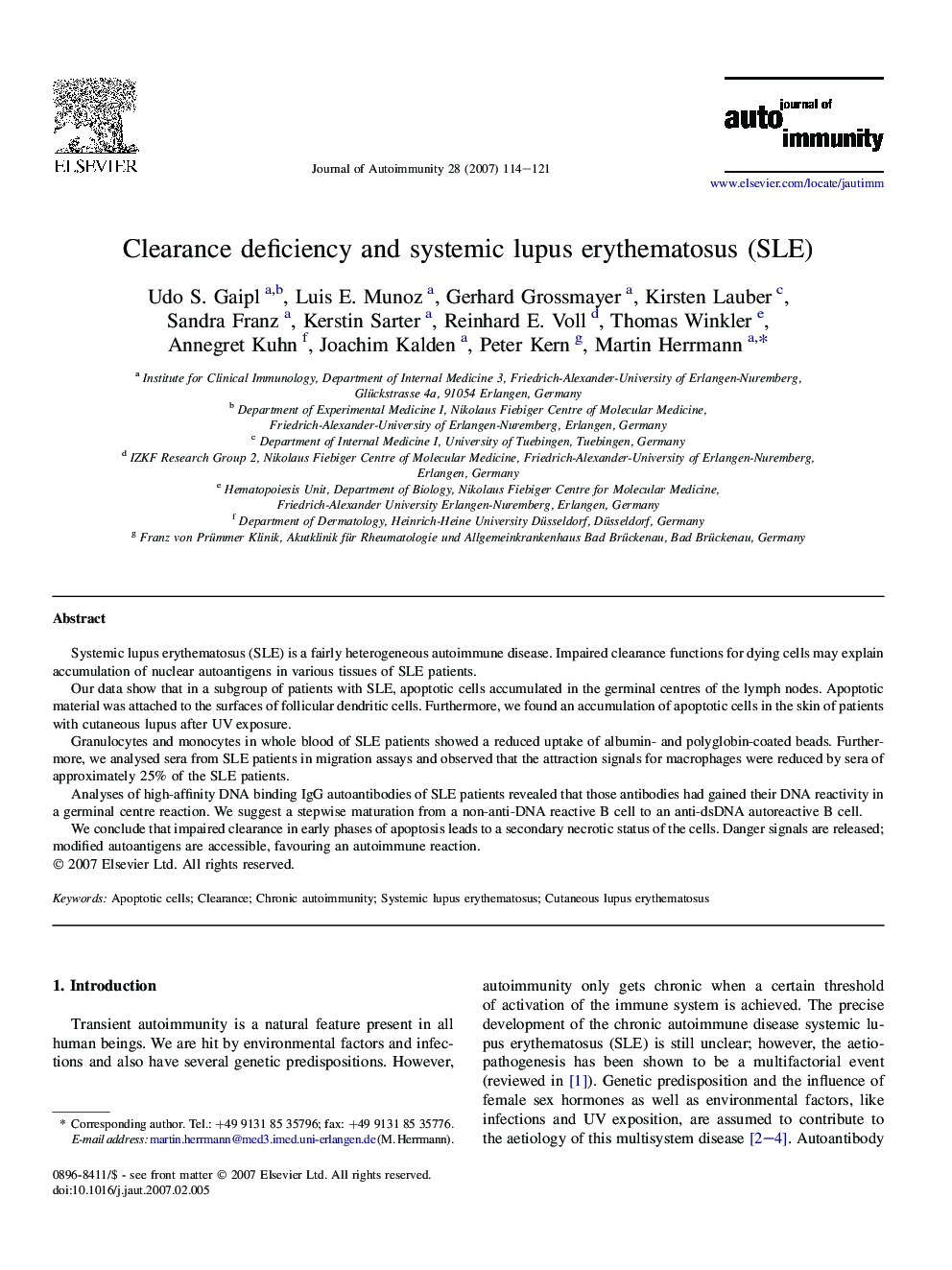 Clearance deficiency and systemic lupus erythematosus (SLE)