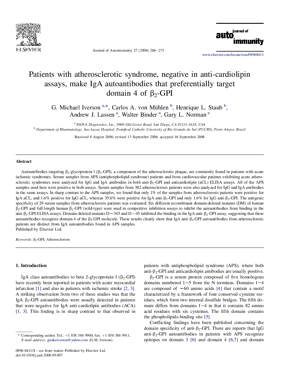 Patients with atherosclerotic syndrome, negative in anti-cardiolipin assays, make IgA autoantibodies that preferentially target domain 4 of β2-GPI