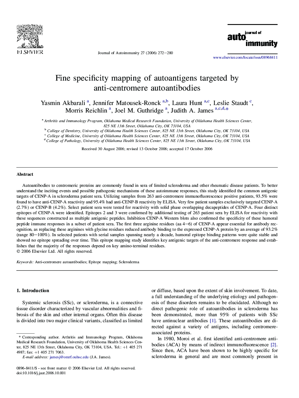 Fine specificity mapping of autoantigens targeted by anti-centromere autoantibodies