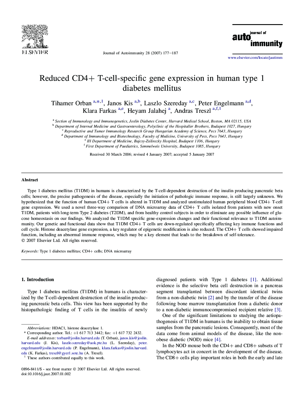 Reduced CD4+ T-cell-specific gene expression in human type 1 diabetes mellitus