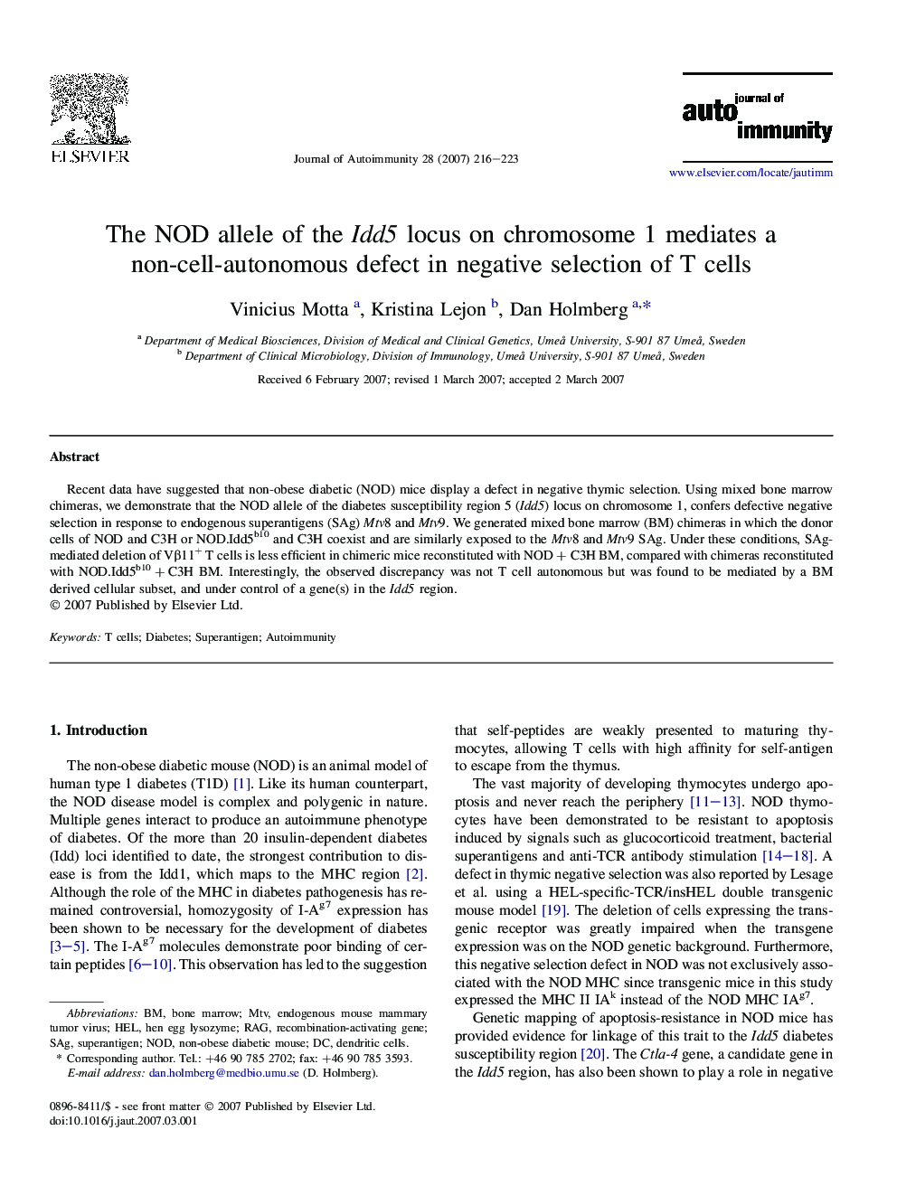 The NOD allele of the Idd5 locus on chromosome 1 mediates a non-cell-autonomous defect in negative selection of T cells