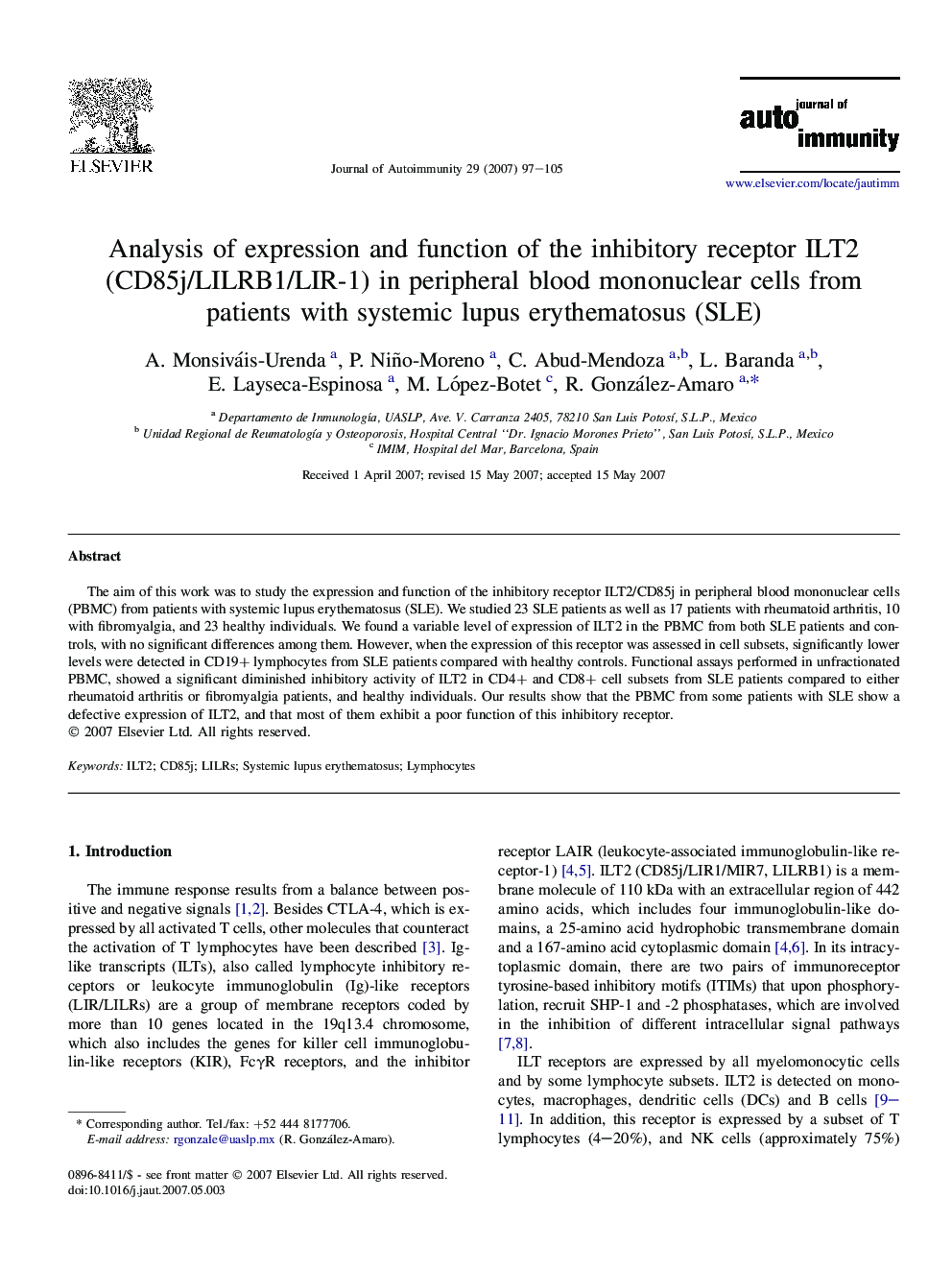 Analysis of expression and function of the inhibitory receptor ILT2 (CD85j/LILRB1/LIR-1) in peripheral blood mononuclear cells from patients with systemic lupus erythematosus (SLE)