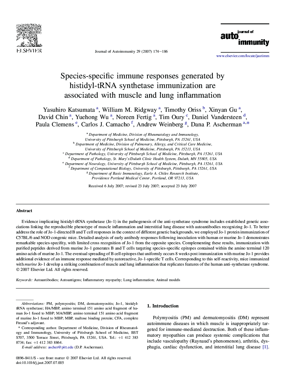 Species-specific immune responses generated by histidyl-tRNA synthetase immunization are associated with muscle and lung inflammation