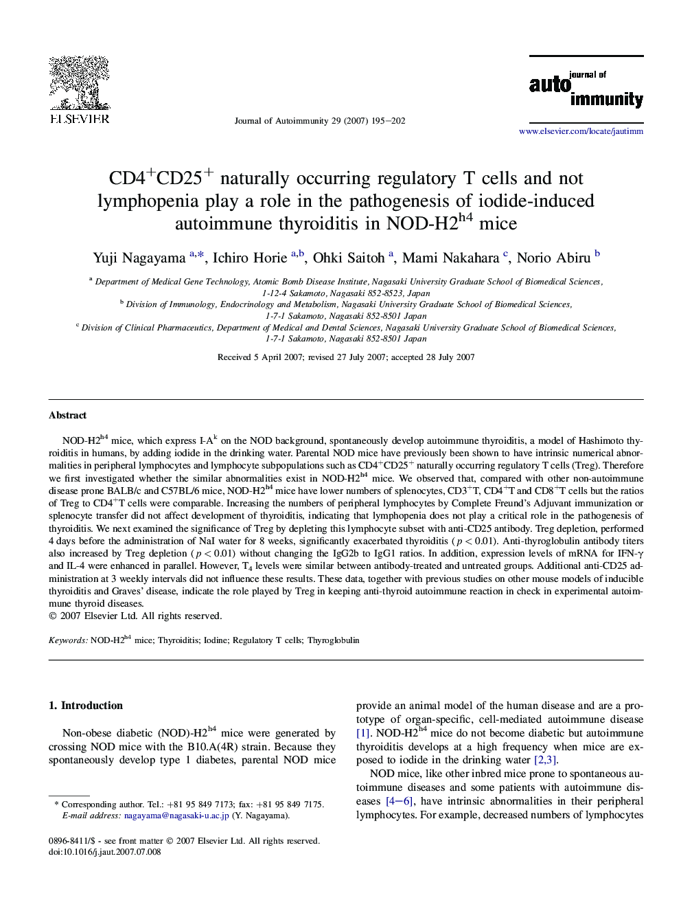 CD4+CD25+ naturally occurring regulatory T cells and not lymphopenia play a role in the pathogenesis of iodide-induced autoimmune thyroiditis in NOD-H2h4 mice