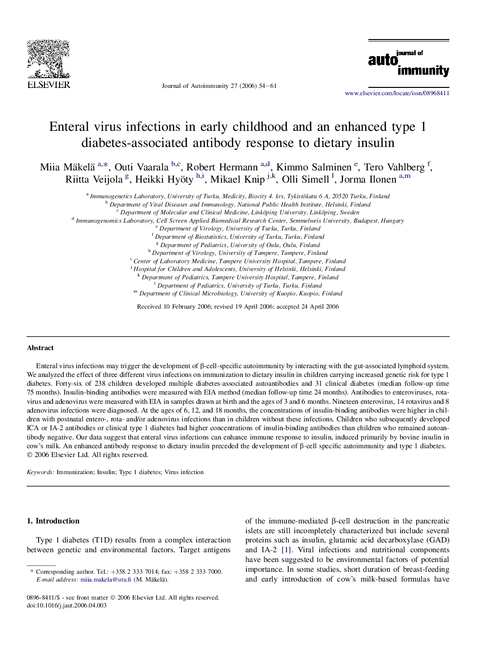 Enteral virus infections in early childhood and an enhanced type 1 diabetes-associated antibody response to dietary insulin