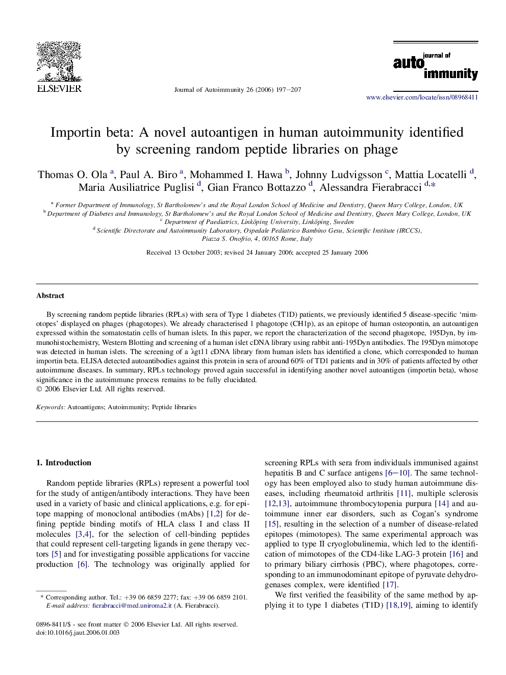 Importin beta: A novel autoantigen in human autoimmunity identified by screening random peptide libraries on phage