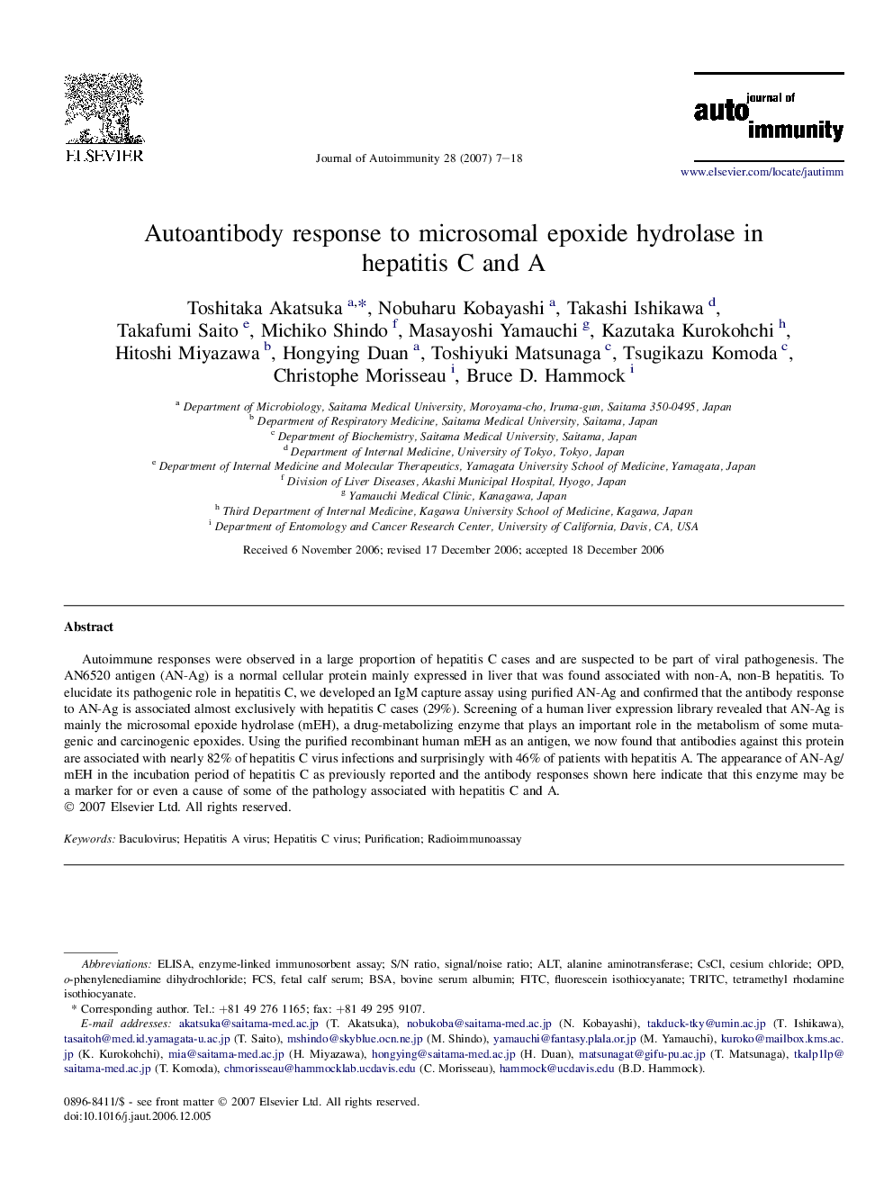 Autoantibody response to microsomal epoxide hydrolase in hepatitis C and A