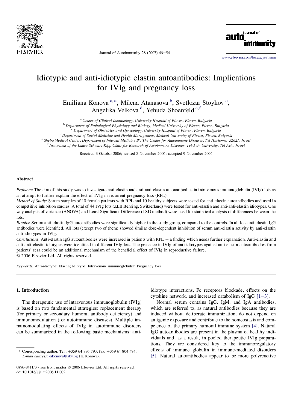 Idiotypic and anti-idiotypic elastin autoantibodies: Implications for IVIg and pregnancy loss