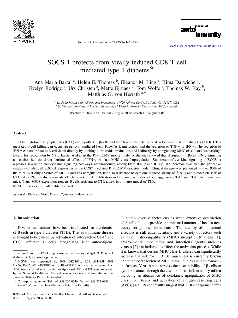 SOCS-1 protects from virally-induced CD8 T cell mediated type 1 diabetes 