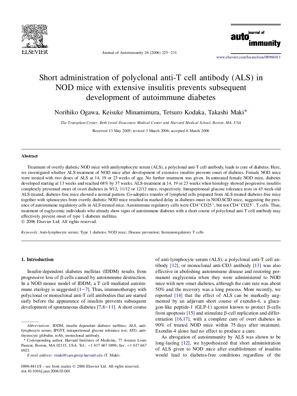 Short administration of polyclonal anti-T cell antibody (ALS) in NOD mice with extensive insulitis prevents subsequent development of autoimmune diabetes