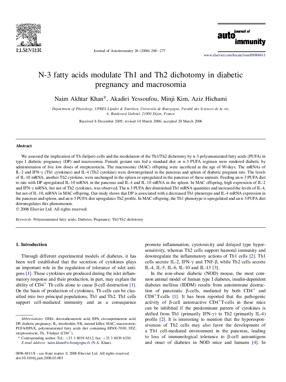 N-3 fatty acids modulate Th1 and Th2 dichotomy in diabetic pregnancy and macrosomia